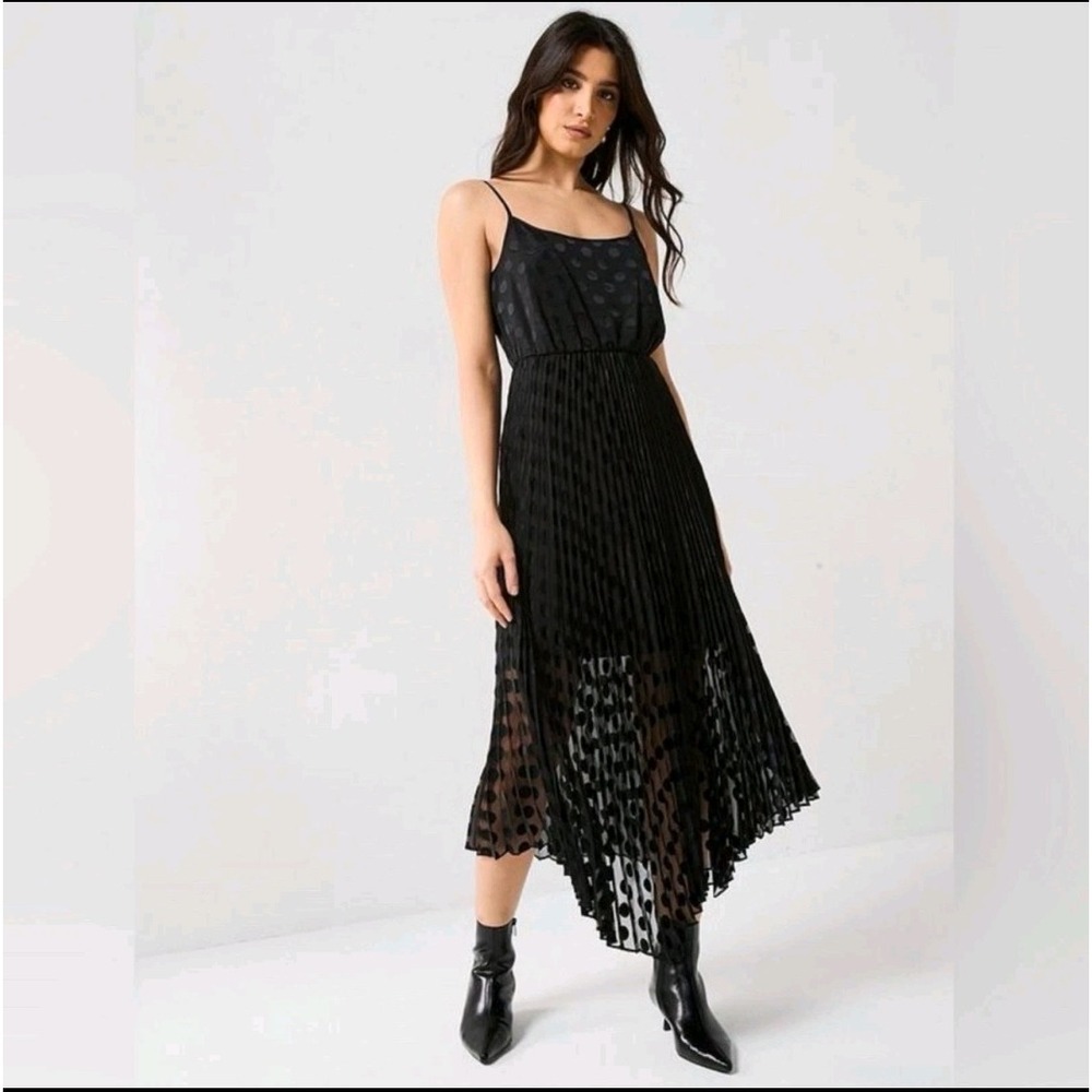 New $429 ALLSAINTS Small S Noir Robe Leia Dott Pleated Little Black Slip Dress